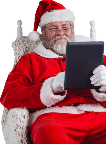 santa claus smiling promoting technology with tablet on armchair transparent - Download Free Stock Videos Pikwizard.com