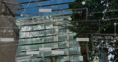 Reflecting glass tower overlaying digital data network with sliding bars and connecting nodes