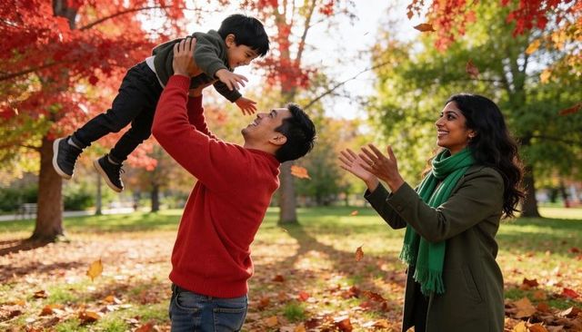 Father lifting toddler while mother clapping under vibrant autumn leaves, family enjoying outdoors