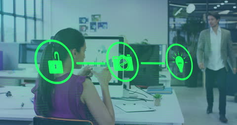 Animated Digital Network Over Woman Working in Modern Office