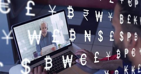 Consulting with Senior Advisor via Laptop Video Call with Floating Currency Symbols