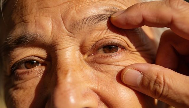 Close-up of senior man pinching outer eye skin showing wrinkles, crow's feet and natural texture