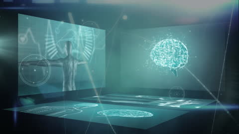 Futuristic Digital Interface with Human Body and Brain Diagram