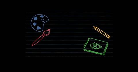 Art education tools icon set on minimal blackboard background