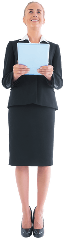 Transparent Businesswoman in Skirt Suit Holding Tablet Upward Smiling