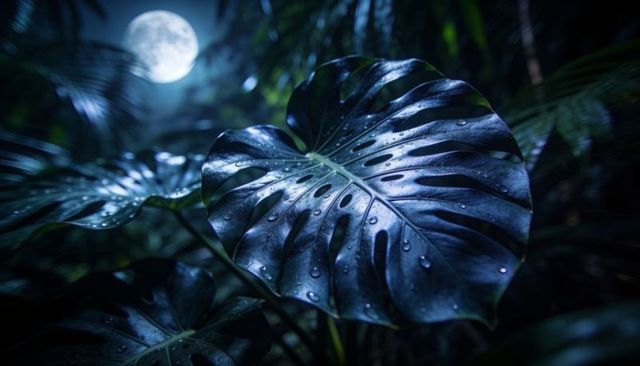 Moonlit monstera leaf with dew droplets reflecting full moonlight in tropical night
