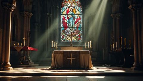 Gothic Cathedral Altar with Illuminated Stained Glass and Candlesticks