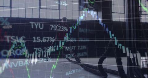 Men training with battle ropes in gym with financial data overlay