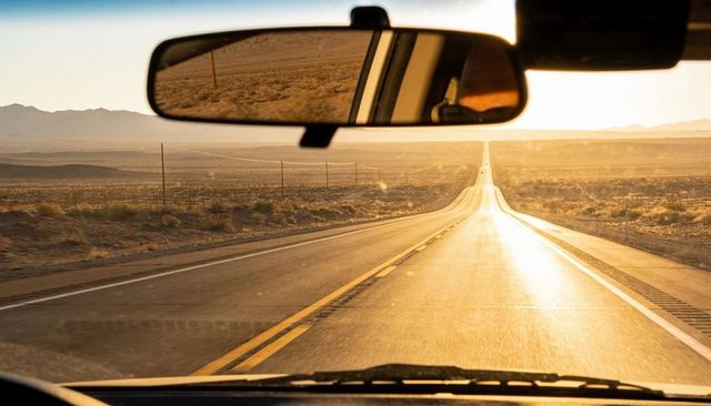 Driving into golden sunset on endless desert highway through windshield