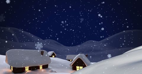 Cozy Winter Night with Snowflakes Falling on Cottage Rooftops