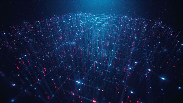 Futuristic glowing digital grid in abstract virtual space