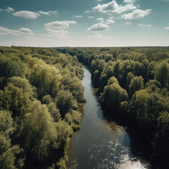 The scene captures a serene river winding through a lush green forest under a clear blue sky. Dense forest vegetation lines both sides of the river, creating an idyllic natural landscape. Suitable for use in nature blogs, environmental campaigns, tourism advertisements, and publications emphasizing tranquility and natural beauty.