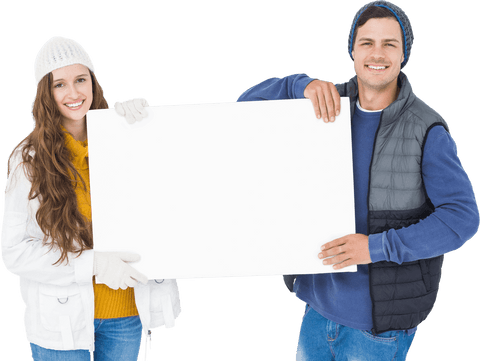 Smiling Couple in Winter Wear Holding Large Blank Transparent Board