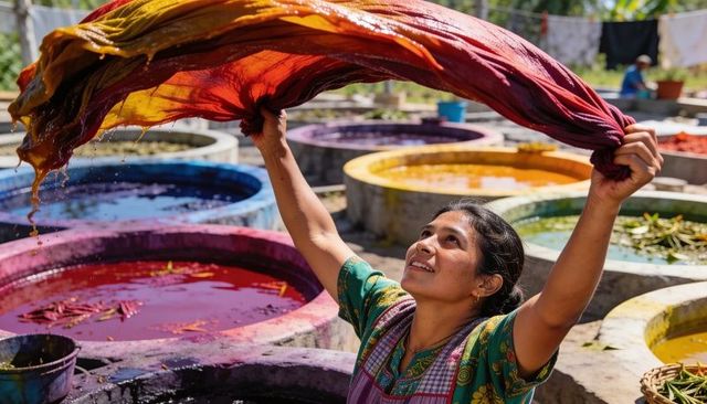 Artisan lifting vibrant hand-dyed textile over colorful dye vats in outdoor workshop