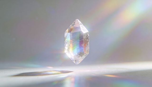 Floating crystal prism casting rainbow light minimalist studio background with shadows