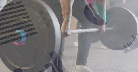 Man Lifting Barbell Amid Digital Data Interface at Gym