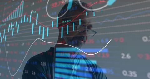 Bearded Trader Analyzing Financial Markets with Candlestick Charts and Data Dashboards