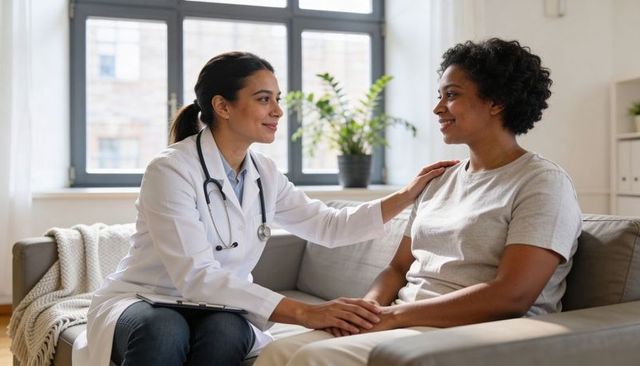 Female doctor comforting patient during home consultation, trust and compassionate care