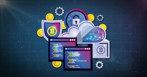 Digital Security Concept with Bitcoin and Data Screens