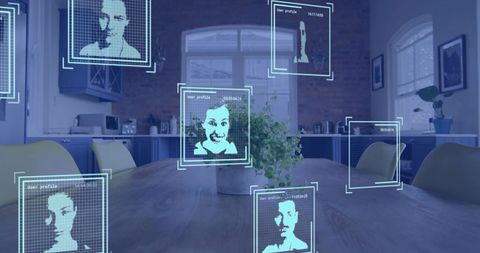 Holographic Facial Profiles Floating Over Modern Kitchen Table with Potted Plant and Workspace
