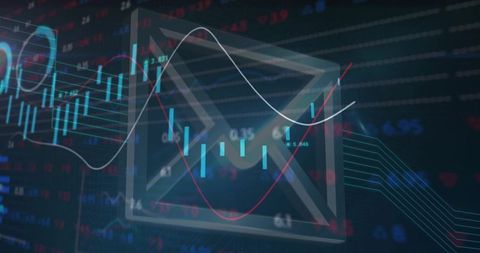 Holographic email icon over neon financial dashboard with candlestick charts and trends
