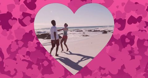 Couple Enjoying Romantic Beach Dance with Pink Heart Overlay