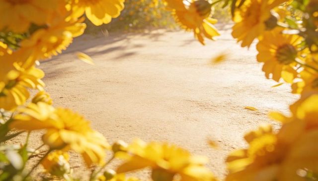 Sunlit yellow daisy frame around sandy path with drifting petals and golden bokeh