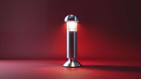 Elegant steel bollard lamp with ambient lighting against red background