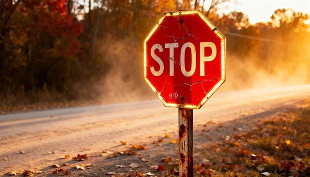 Rusty glowing stop sign on rural gravel road at autumn golden hour