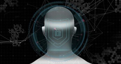 Futuristic 3D Head Silhouette with Virtual HUD Interface