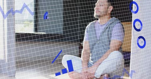 Meditation tech concept: asian man sitting cross-legged with digital data overlays