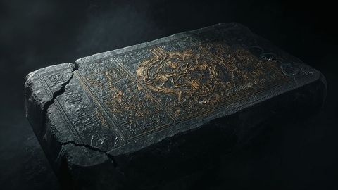 Ancient Mystical Stone Slab with Runic Text and Golden Sigil