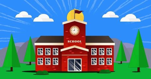 Red Brick School Building With Clock and Flag