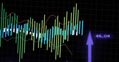 Displaying neon candlestick chart showing uptrend momentum with purple arrow and analytics grid