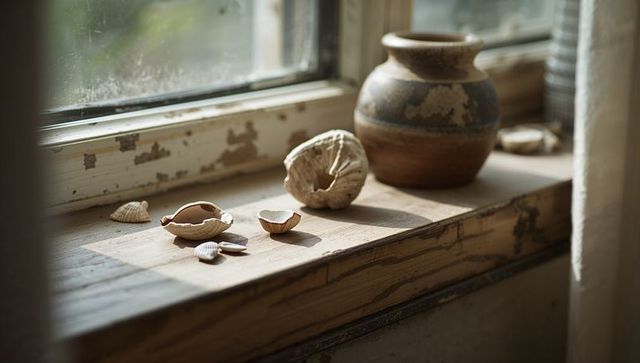 Seashells and ceramic pot resting on sunlit weathered wooden windowsill with curtain