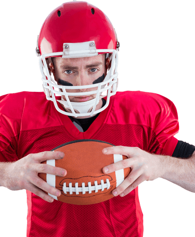 Transparent focused football player in red gear holding ball