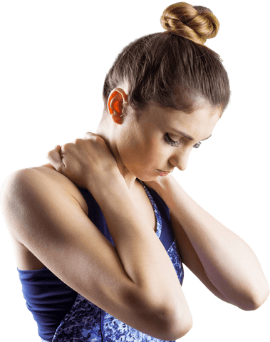 Young Woman with Neck Pain and Hands on Upper Back Transparent Background
