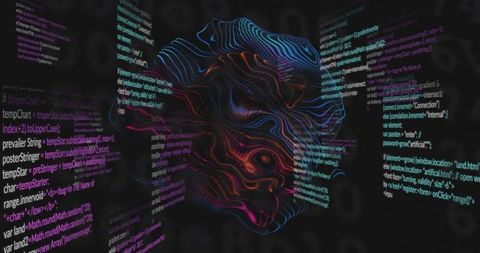 Rotating neon sculpture and scrolling code panels forming digital face in futuristic corridor