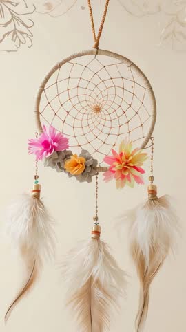 Swaying Bohemian Dreamcatcher with Feathers, Flowers and Beads on Beige Wall Vertical Video
