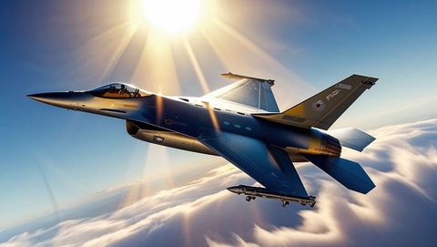 F16 fighter jet gliding above cloud ocean with sunburst
