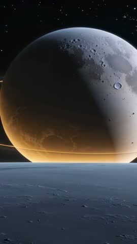 Cratered Moon Rising Over Icy Plain Camera Tilting Revealing Golden Ring - Vertical Video