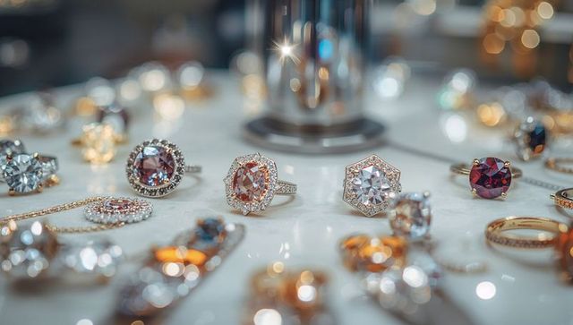 Sparkling Gemstone Rings on Marble Showcase in Boutique Jewelry Store