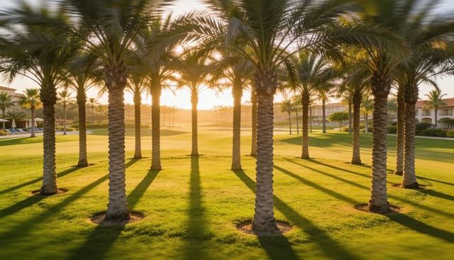Sunlit palm tree alley casting long shadows on resort golf fairway at golden hour