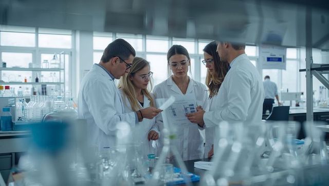 Research team collaborating and reviewing data charts amid glassware in modern laboratory