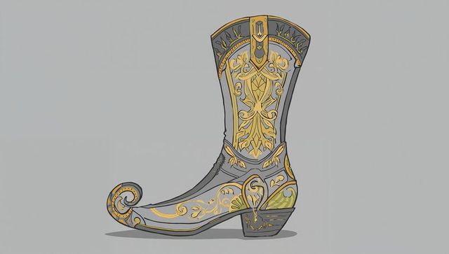 Ornate curled-toe western boot illustration with gold filigree and olive accents