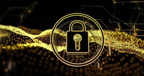 digital lock symbol over golden particle cybersecurity backdrop - Download Free Stock Images Pikwizard.com