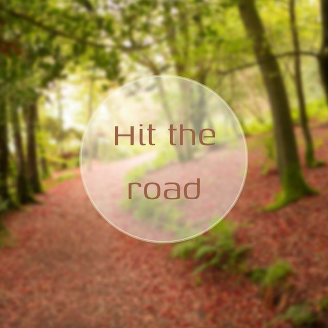 Blurred forest path enhanced with 'Hit the Road' text in a soft focus circle overlay. Ideal for travel motivation, adventure spirit themes, nature-inspired quotes, hiking promotions, and stress-relief messages.