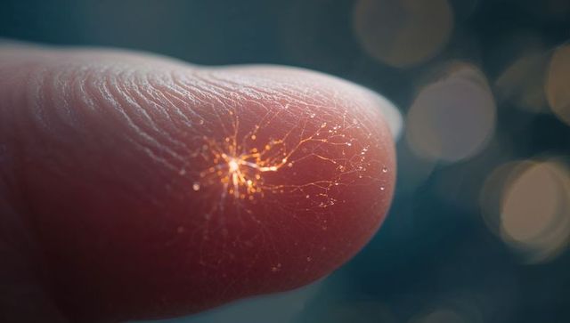 Fingertip showing glowing neural-like filaments macro closeup with warm bokeh