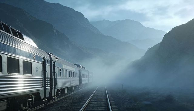Silver passenger train gliding through misty alpine canyon at dawn, tracks vanishing
