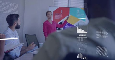 Businesswoman Leading Presentation with Data Infographics in Office